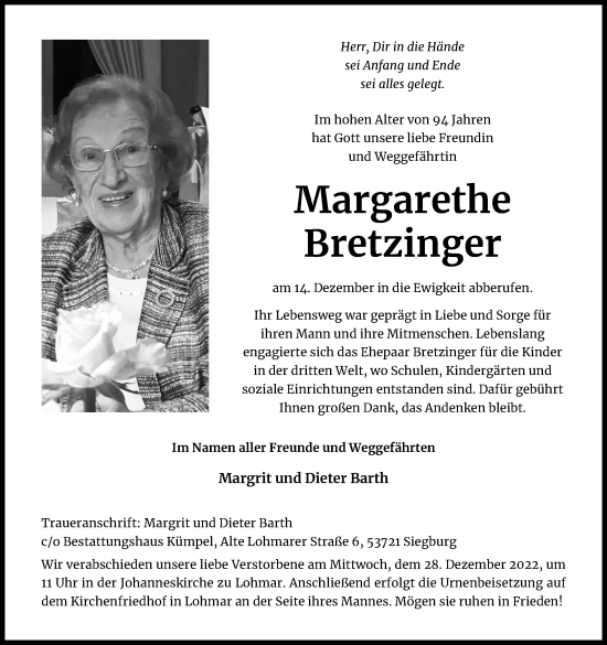 Anzeige von Margarethe Bretzinger von Kölner Stadt-Anzeiger / Kölnische Rundschau / Express