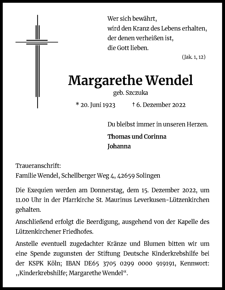  Traueranzeige für Margarethe Wendel vom 10.12.2022 aus Kölner Stadt-Anzeiger / Kölnische Rundschau / Express
