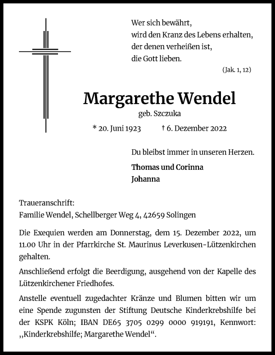 Anzeige von Margarethe Wendel von Kölner Stadt-Anzeiger / Kölnische Rundschau / Express