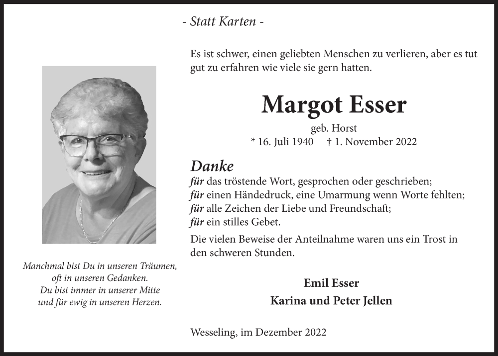  Traueranzeige für Margot Esser vom 09.12.2022 aus  Schlossbote/Werbekurier 