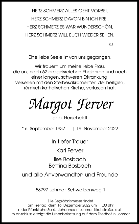 Anzeige von Margot Ferver von Kölner Stadt-Anzeiger / Kölnische Rundschau / Express