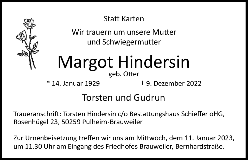  Traueranzeige für Margot Hindersin vom 31.12.2022 aus Kölner Stadt-Anzeiger / Kölnische Rundschau / Express