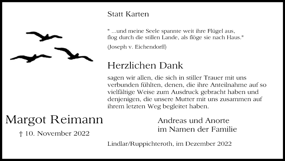  Traueranzeige für Margot Reimann vom 17.12.2022 aus Kölner Stadt-Anzeiger / Kölnische Rundschau / Express