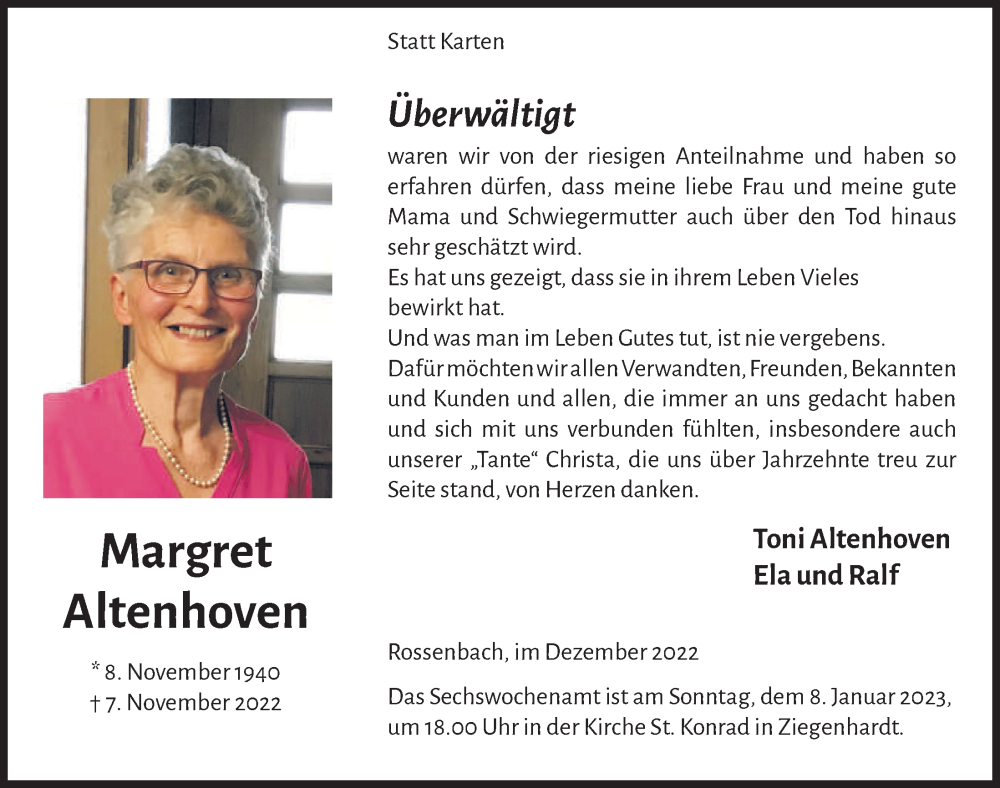 Traueranzeige für Margret Altenhoven vom 16.12.2022 aus  Lokalanzeiger 