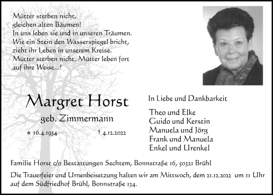 Anzeige von Margret Horst von  Schlossbote/Werbekurier 