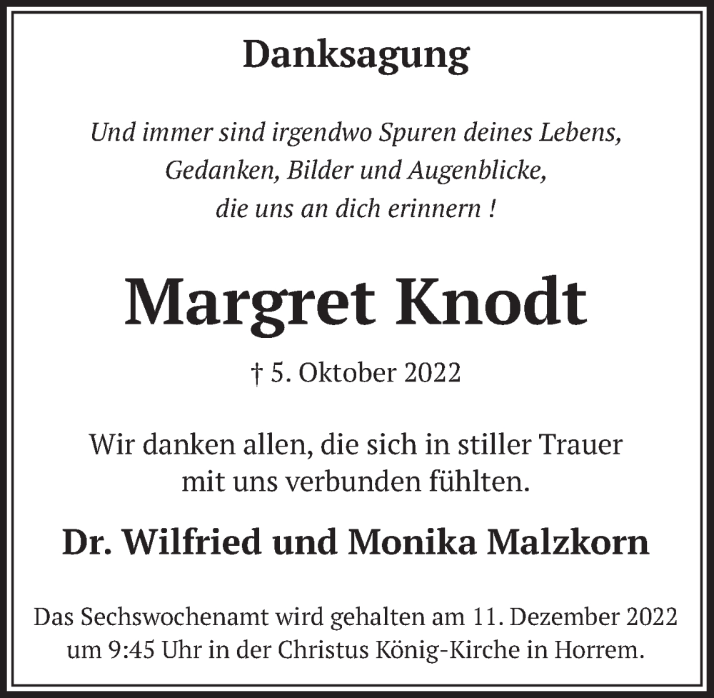 Traueranzeige für Margret Knodt vom 02.12.2022 aus  Werbepost 