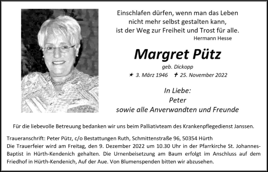 Anzeige von Margret Pütz von  Wochenende 