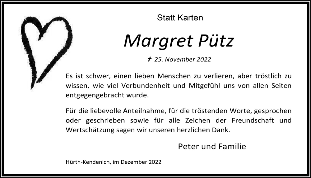  Traueranzeige für Margret Pütz vom 29.12.2022 aus  Wochenende 