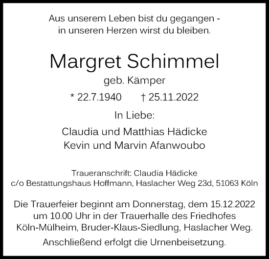 Anzeige von Margret Schimmel von Kölner Stadt-Anzeiger / Kölnische Rundschau / Express