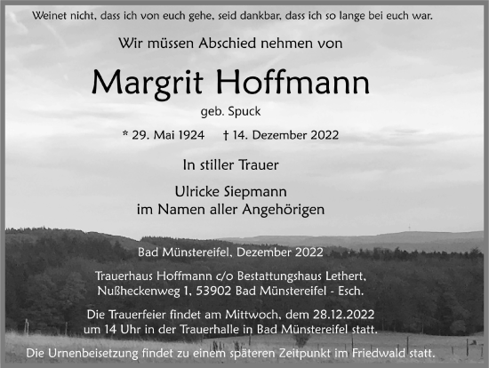 Anzeige von Margrit Hoffmann von  Blickpunkt Euskirchen 