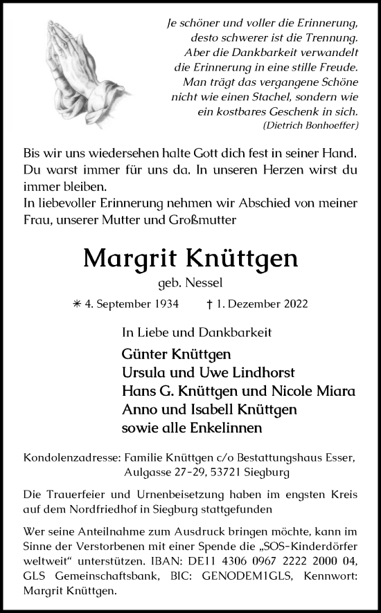 Anzeige von Margrit Knüttgen von Kölner Stadt-Anzeiger / Kölnische Rundschau / Express