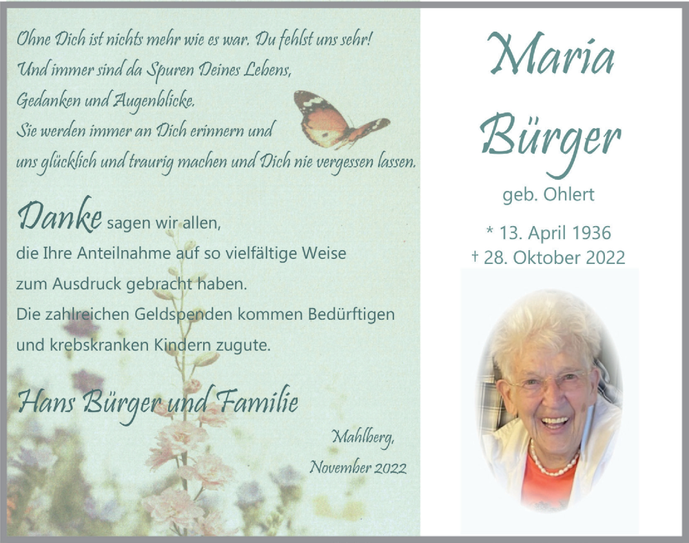  Traueranzeige für Maria Bürger vom 03.12.2022 aus  Blickpunkt Euskirchen 