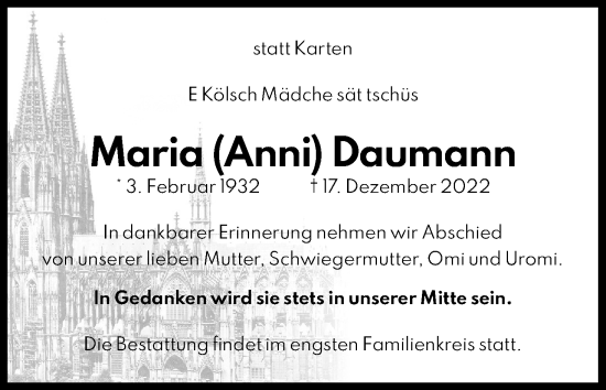 Anzeige von Maria Daumann von Kölner Stadt-Anzeiger / Kölnische Rundschau / Express
