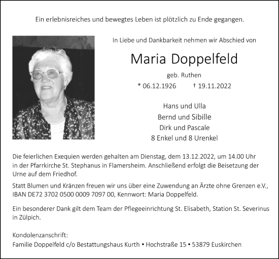 Anzeige von Maria Doppelfeld von  Blickpunkt Euskirchen 