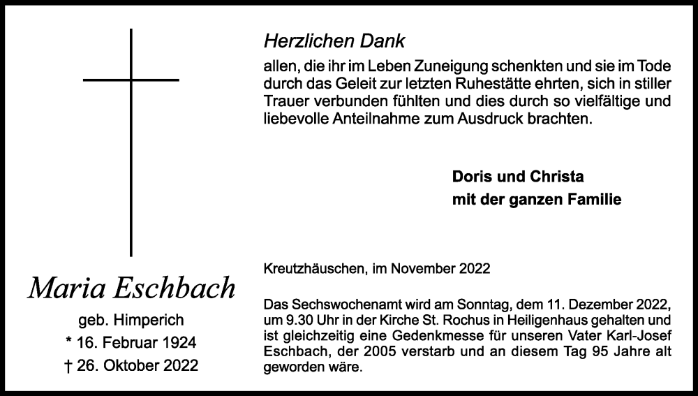  Traueranzeige für Maria Eschbach vom 10.12.2022 aus Kölner Stadt-Anzeiger / Kölnische Rundschau / Express