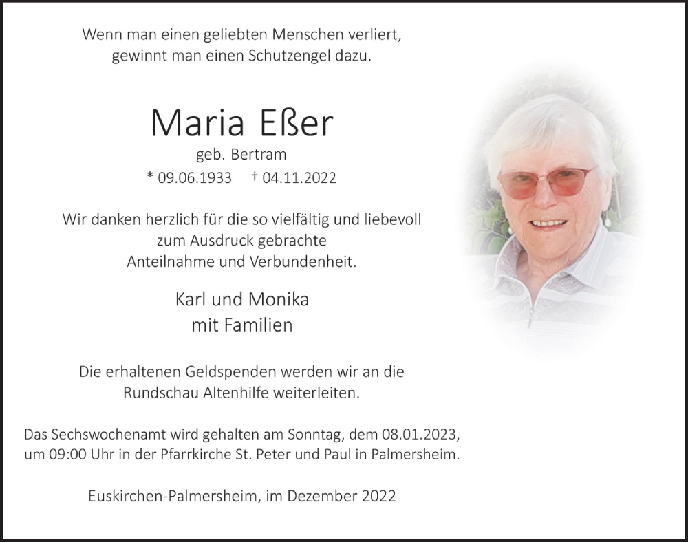  Traueranzeige für Maria Eßer vom 23.12.2022 aus  Blickpunkt Euskirchen 