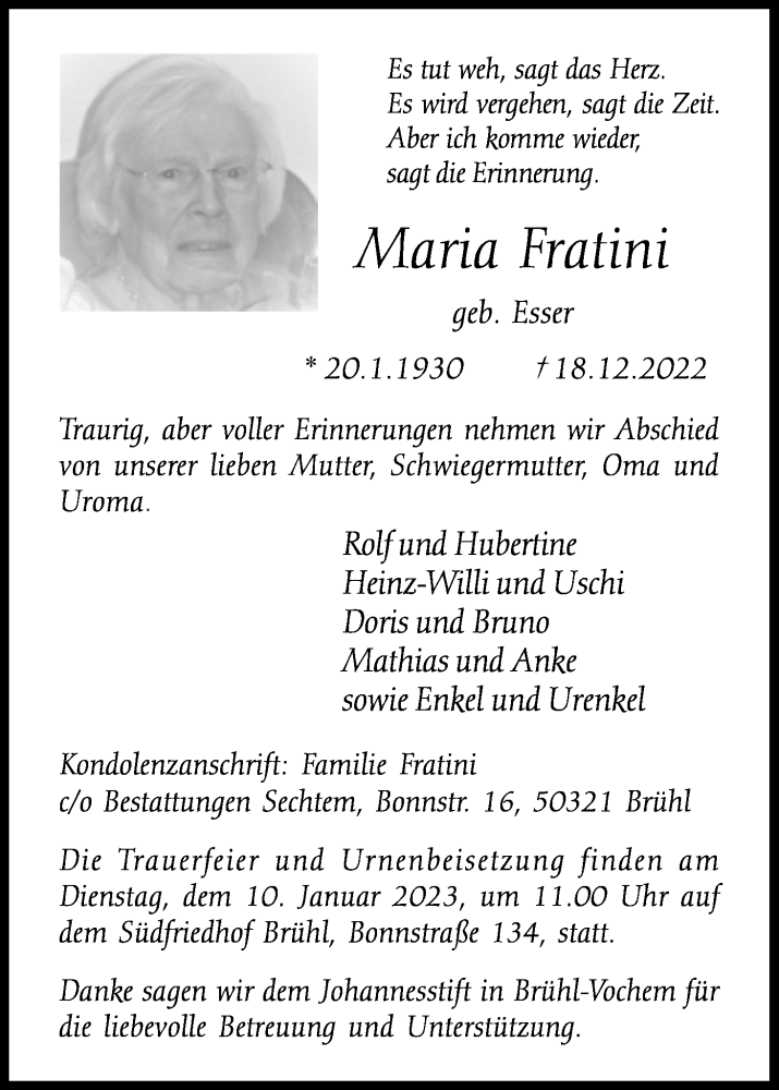  Traueranzeige für Maria Fratini vom 30.12.2022 aus Kölner Stadt-Anzeiger / Kölnische Rundschau / Express