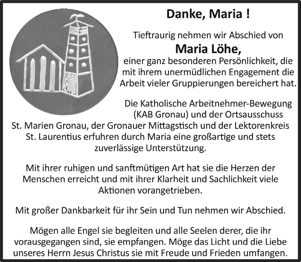  Traueranzeige für Maria Löhe vom 16.12.2022 aus  Bergisches Handelsblatt 
