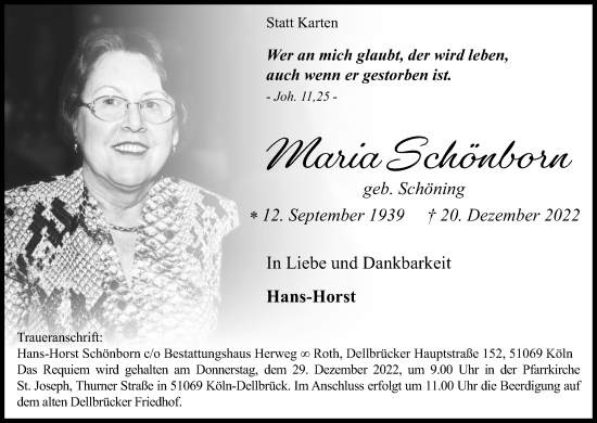 Anzeige von Maria Schönborn von Kölner Stadt-Anzeiger / Kölnische Rundschau / Express