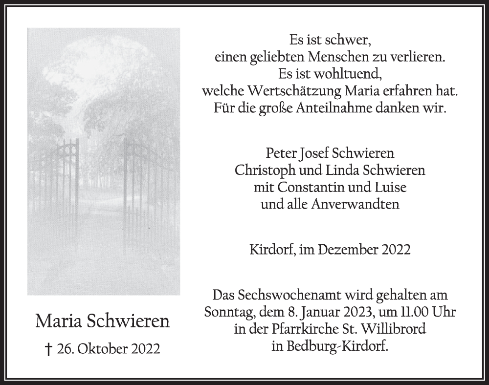  Traueranzeige für Maria Schwieren vom 29.12.2022 aus  Werbepost 
