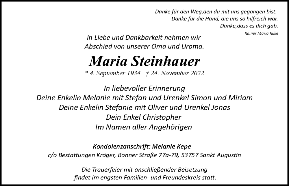  Traueranzeige für Maria Steinhauer vom 03.12.2022 aus Kölner Stadt-Anzeiger / Kölnische Rundschau / Express