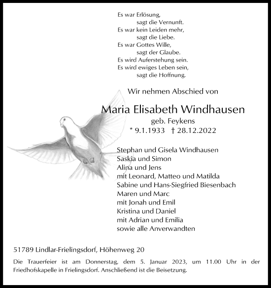 Anzeige von Maria Elisabeth Windhausen von Kölner Stadt-Anzeiger / Kölnische Rundschau / Express