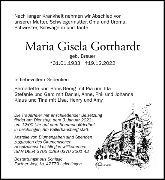 Anzeige von Maria Gisela Gotthardt von Kölner Stadt-Anzeiger / Kölnische Rundschau / Express