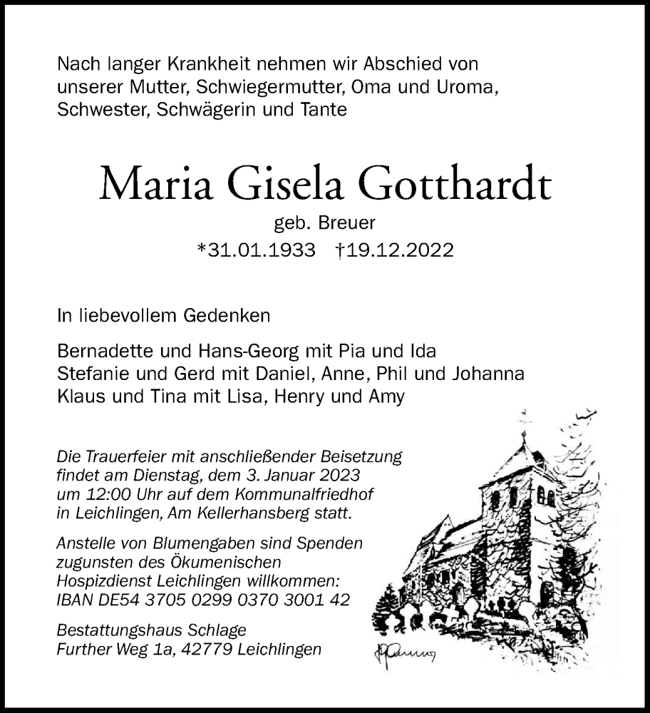  Traueranzeige für Maria Gisela Gotthardt vom 31.12.2022 aus Kölner Stadt-Anzeiger / Kölnische Rundschau / Express