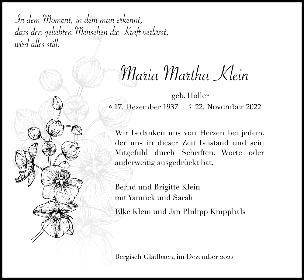  Traueranzeige für Maria Martha Klein vom 17.12.2022 aus Kölner Stadt-Anzeiger / Kölnische Rundschau / Express