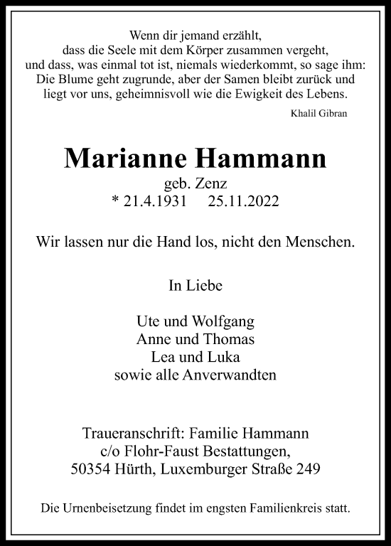 Anzeige von Marianne Hammann von Kölner Stadt-Anzeiger / Kölnische Rundschau / Express