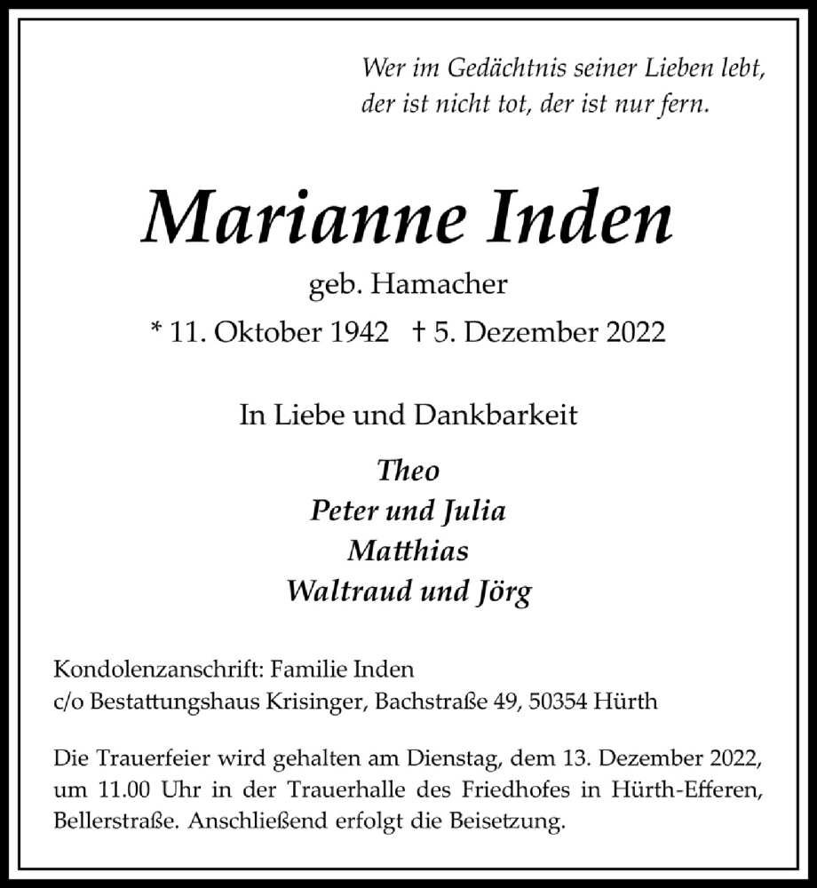  Traueranzeige für Marianne Inden vom 09.12.2022 aus  Wochenende 