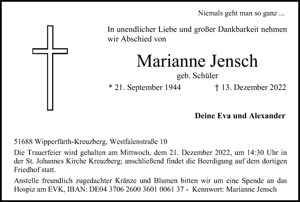  Traueranzeige für Marianne Jensch vom 16.12.2022 aus Kölner Stadt-Anzeiger / Kölnische Rundschau / Express