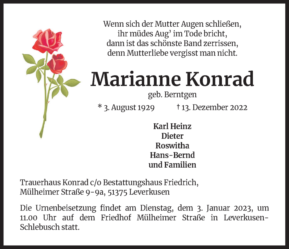  Traueranzeige für Marianne Konrad vom 31.12.2022 aus Kölner Stadt-Anzeiger / Kölnische Rundschau / Express