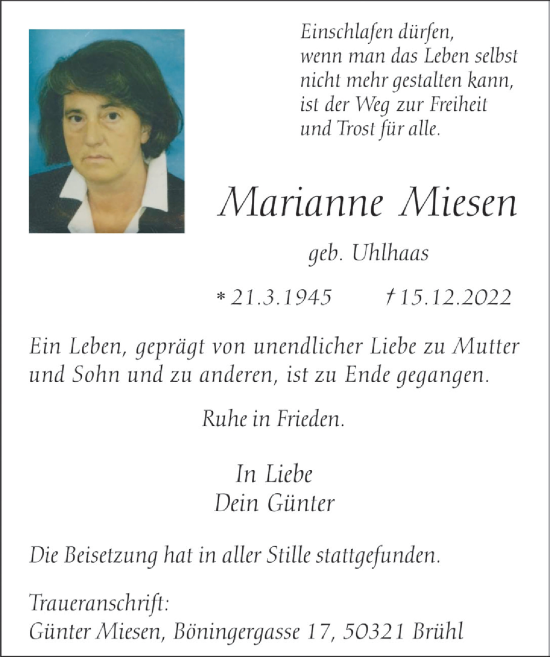 Anzeige von Marianne Miesen von  Schlossbote/Werbekurier 