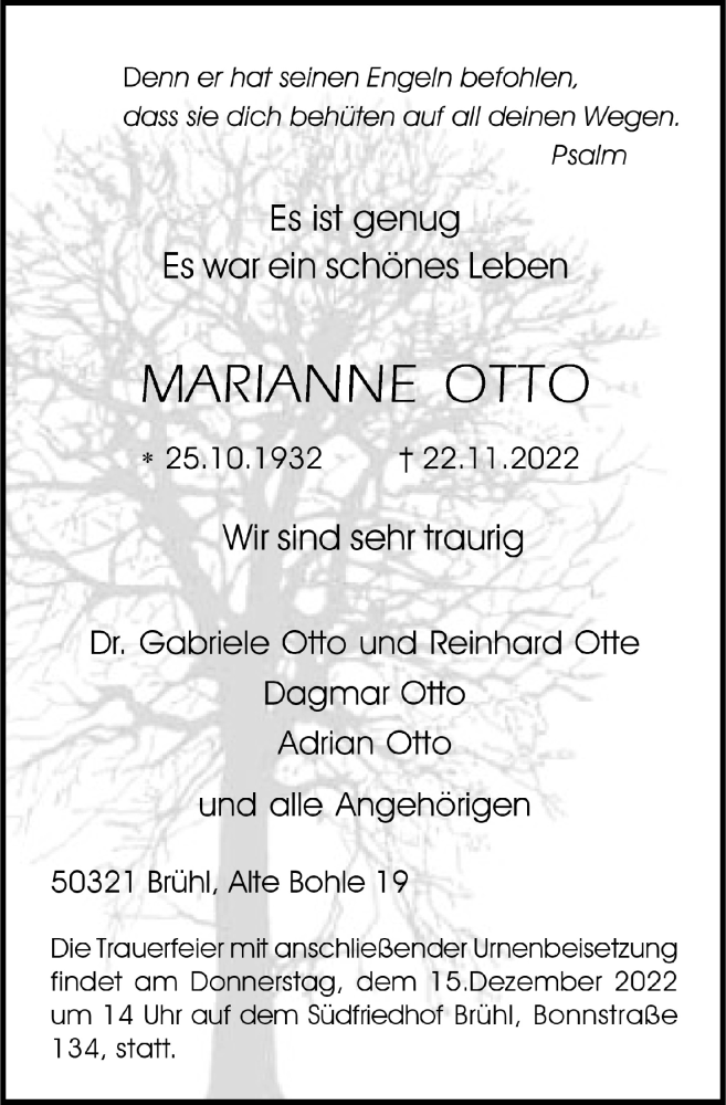 Traueranzeige für Marianne Otto vom 09.12.2022 aus  Schlossbote/Werbekurier 