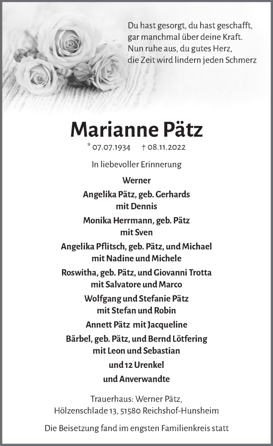 Anzeige von Marianne Pätz von  Anzeigen Echo 