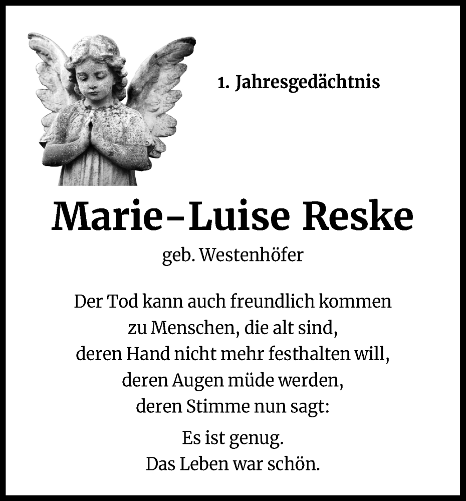  Traueranzeige für Marie-Luise Reske vom 03.12.2022 aus Kölner Stadt-Anzeiger / Kölnische Rundschau / Express
