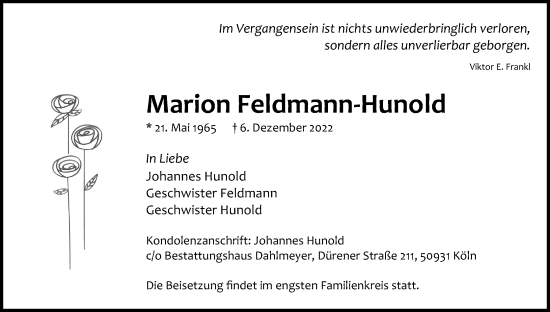 Anzeige von Marion Feldmann-Hunold von Kölner Stadt-Anzeiger / Kölnische Rundschau / Express