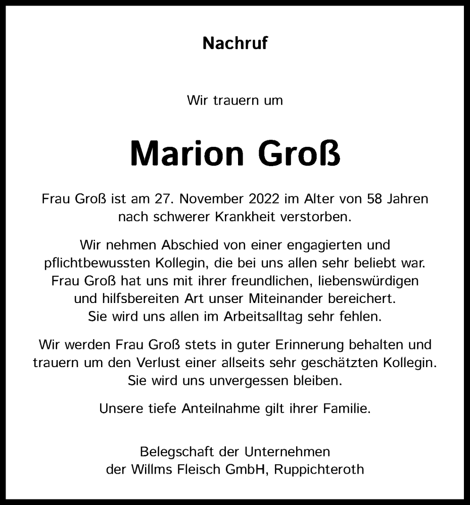 Traueranzeige für Marion Groß vom 03.12.2022 aus Kölner Stadt-Anzeiger / Kölnische Rundschau / Express