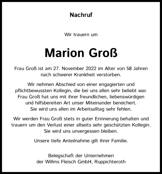 Anzeige von Marion Groß von Kölner Stadt-Anzeiger / Kölnische Rundschau / Express