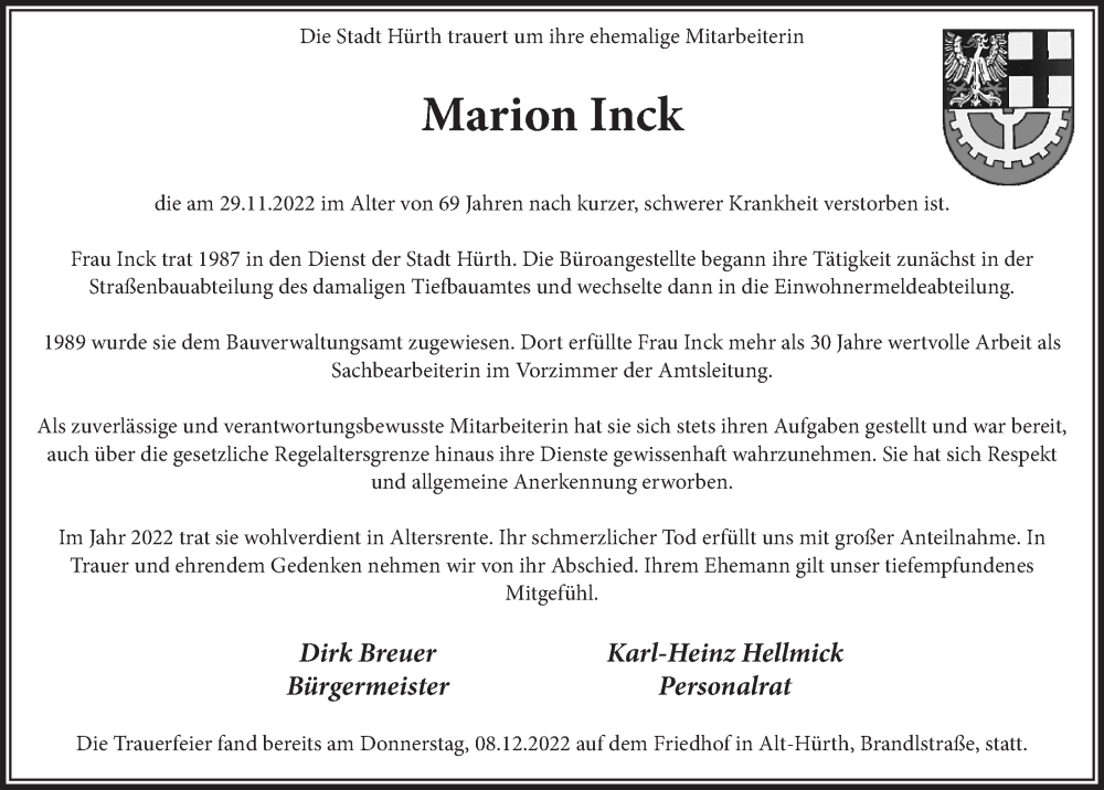  Traueranzeige für Marion Inck vom 09.12.2022 aus  Wochenende 