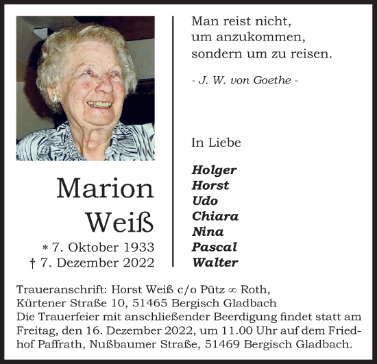 Anzeige von Marion Weiß von Kölner Stadt-Anzeiger / Kölnische Rundschau / Express