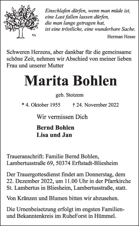 Anzeige von Marita Bohlen von  Werbepost 