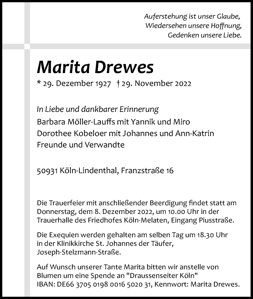  Traueranzeige für Marita Drewes vom 03.12.2022 aus Kölner Stadt-Anzeiger / Kölnische Rundschau / Express