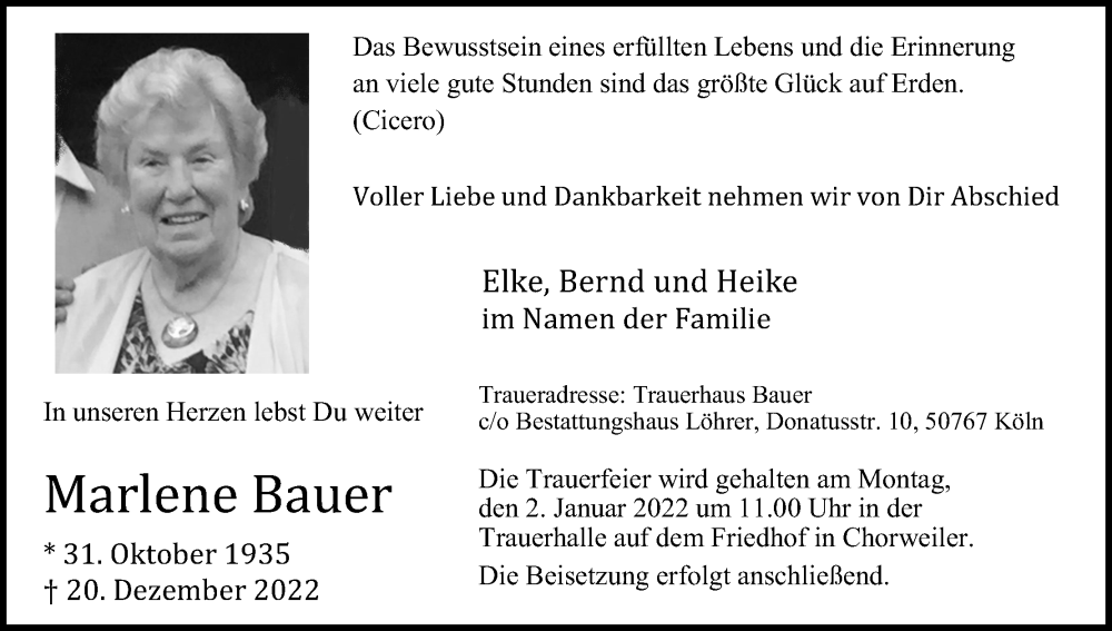  Traueranzeige für Marlene Bauer vom 31.12.2022 aus Kölner Stadt-Anzeiger / Kölnische Rundschau / Express