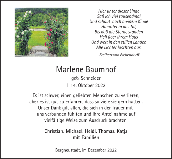 Anzeige von Marlene Baumhof von Kölner Stadt-Anzeiger / Kölnische Rundschau / Express