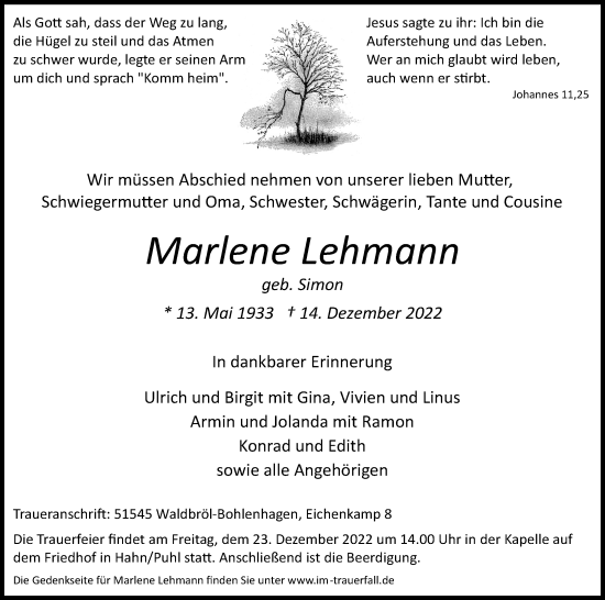 Anzeige von Marlene Lehmann von Kölner Stadt-Anzeiger / Kölnische Rundschau / Express