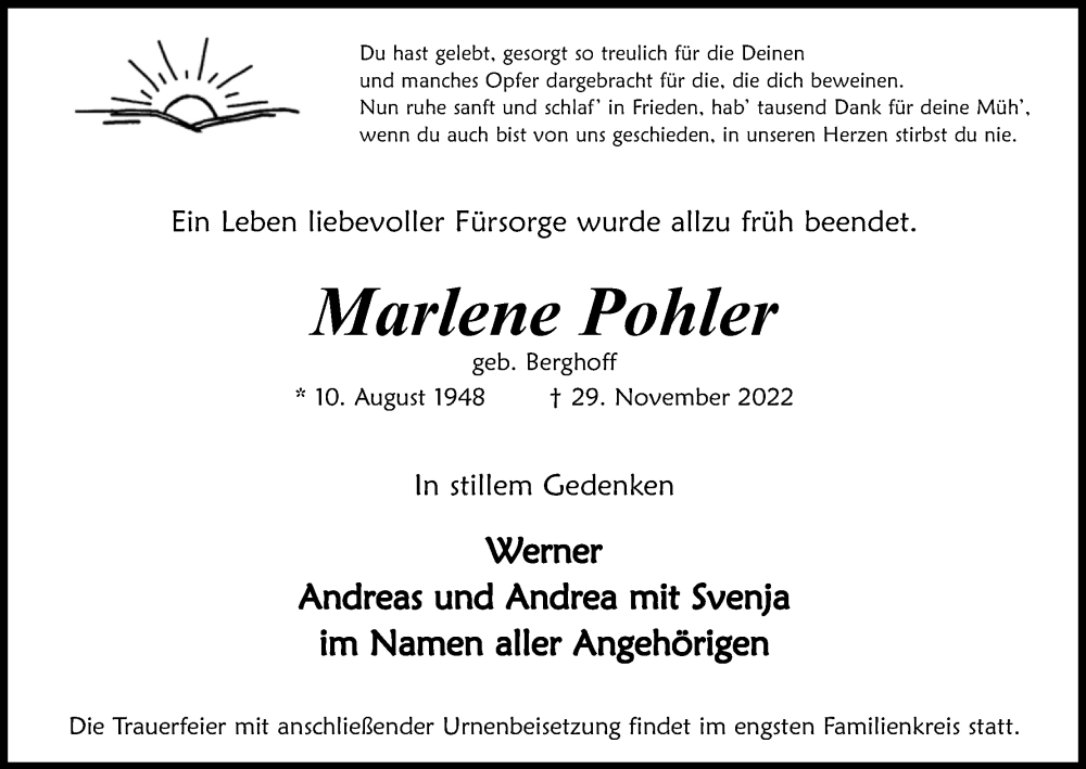  Traueranzeige für Marlene Pohler vom 10.12.2022 aus Kölner Stadt-Anzeiger / Kölnische Rundschau / Express