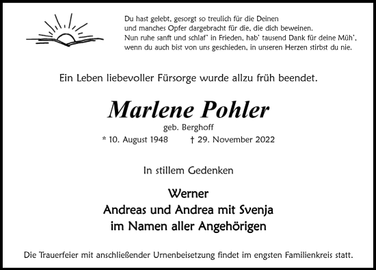 Anzeige von Marlene Pohler von  Anzeigen Echo 