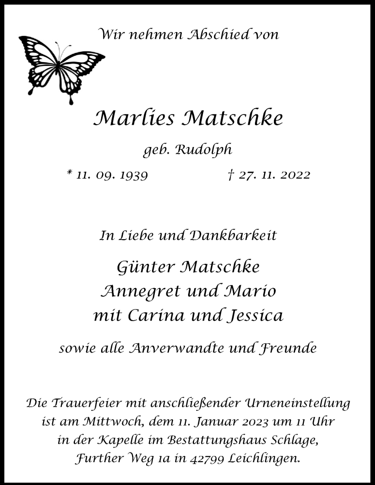  Traueranzeige für Marlies Matschke vom 31.12.2022 aus Kölner Stadt-Anzeiger / Kölnische Rundschau / Express